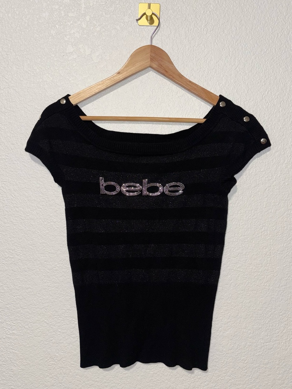 Y2K Bebe Black Rhinestone Logo Striped Knit Top